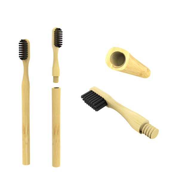 Bamboo Natural Folding Toothbrush with 4 Replaceable Brush Heads and Reusable Handle (Pack of 12) - Image 2